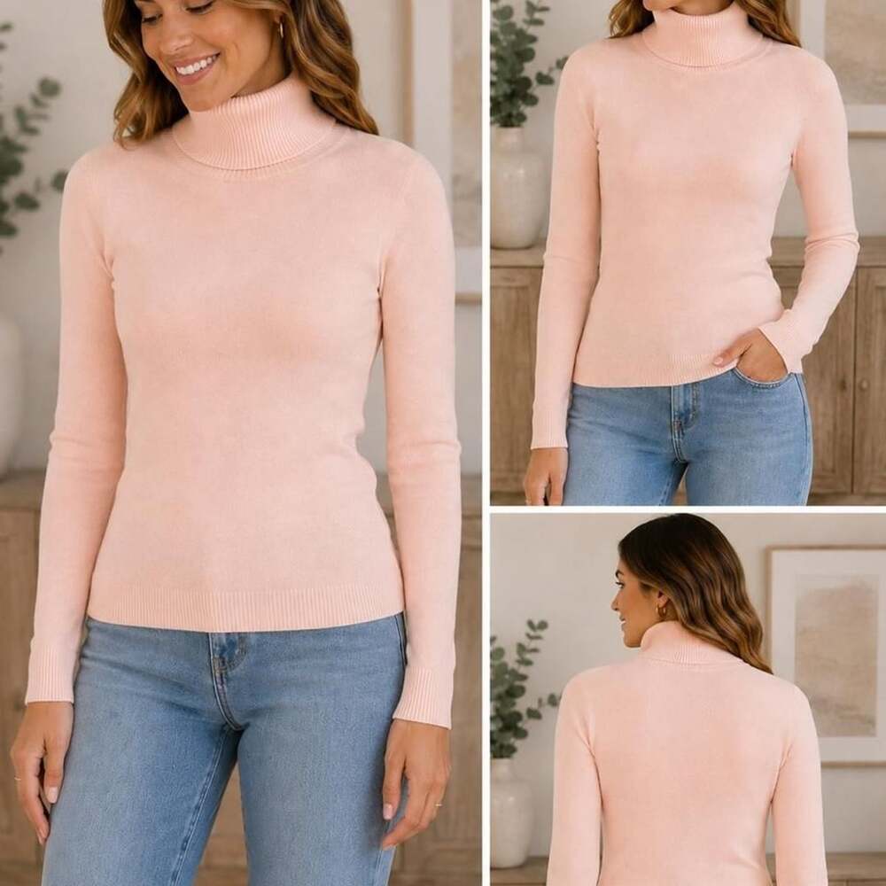 Lands' End Blush Pink Lightweight Fitted Turtleneck Sweater Size M 10-12